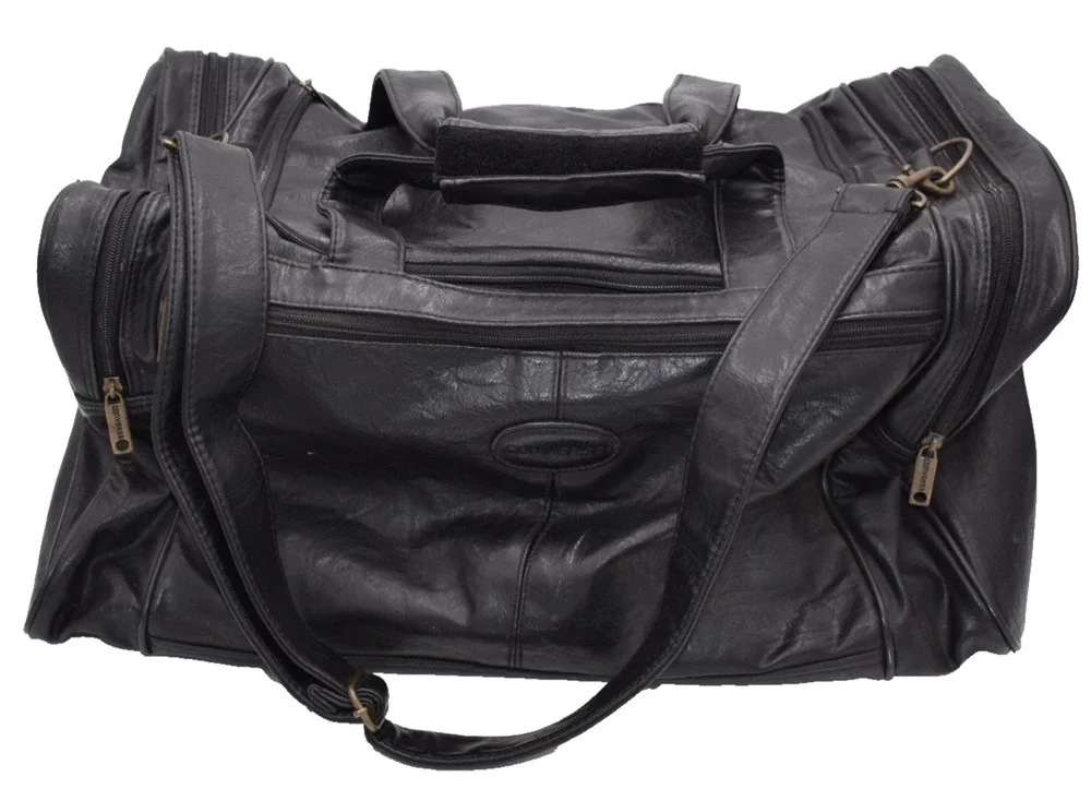 CONVERSE Gym Duffle Bag - Black Faux Leather w/Crossbody Strap - 19x10x10